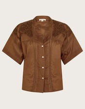 Aerin Embroidered Short Sleeve Blouse, Brown (BROWN), large