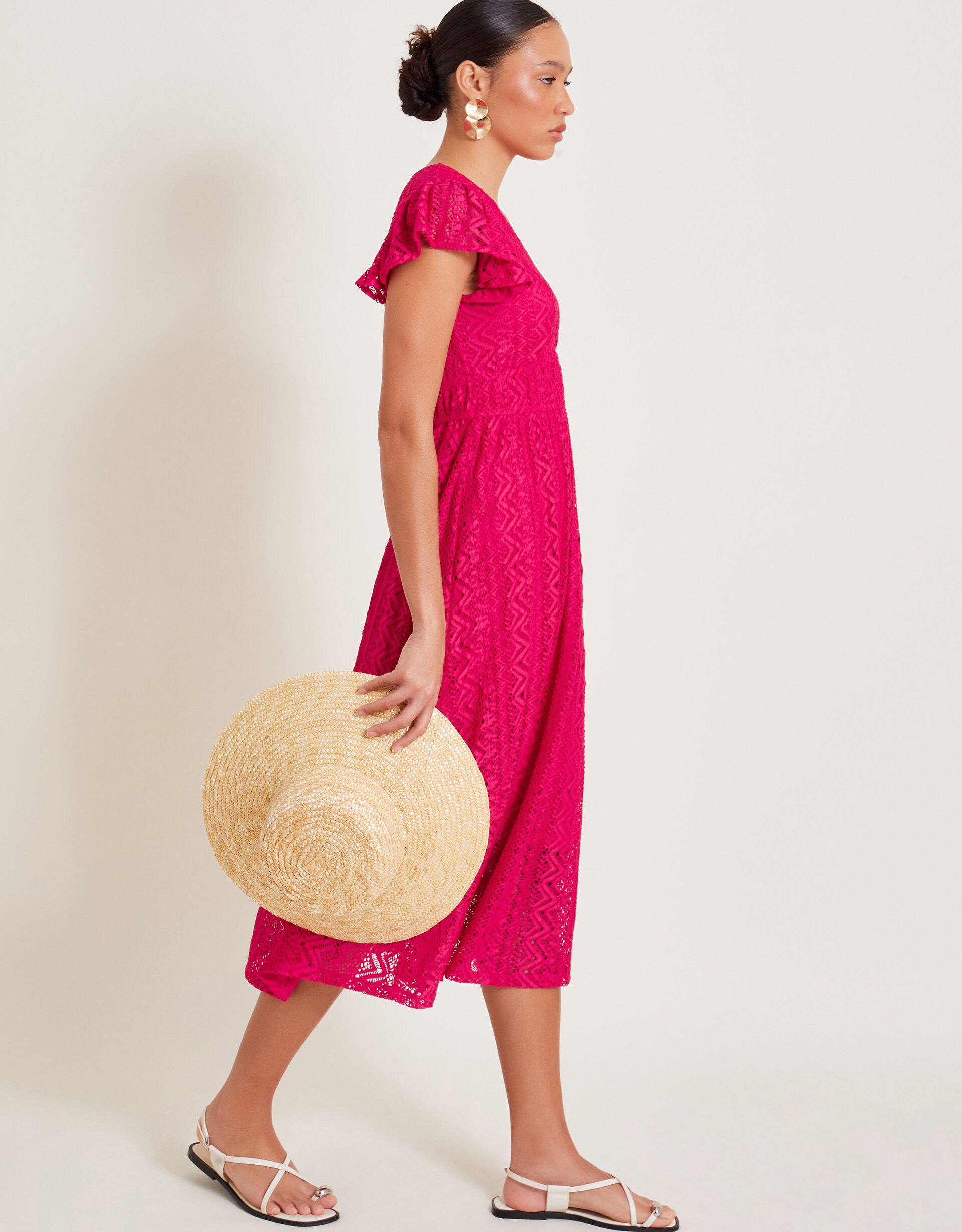 Lo Lace Jersey Dress Pink | Midi Dresses | Monsoon Global.