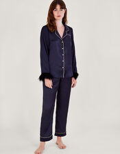 Fia Feather Trim Pyjama Set, Blue (NAVY), large