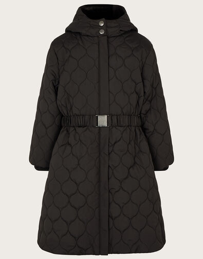 Longline Quilted Coat with Hood, Black (BLACK), large