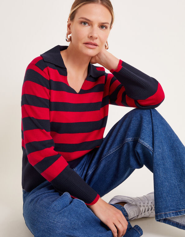 Shay Stripe Collared Jumper, Red (RED), large
