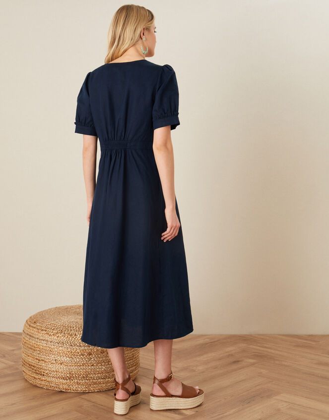 Midi Tea Dress in Linen Blend Blue | Day Dresses | Monsoon Global.