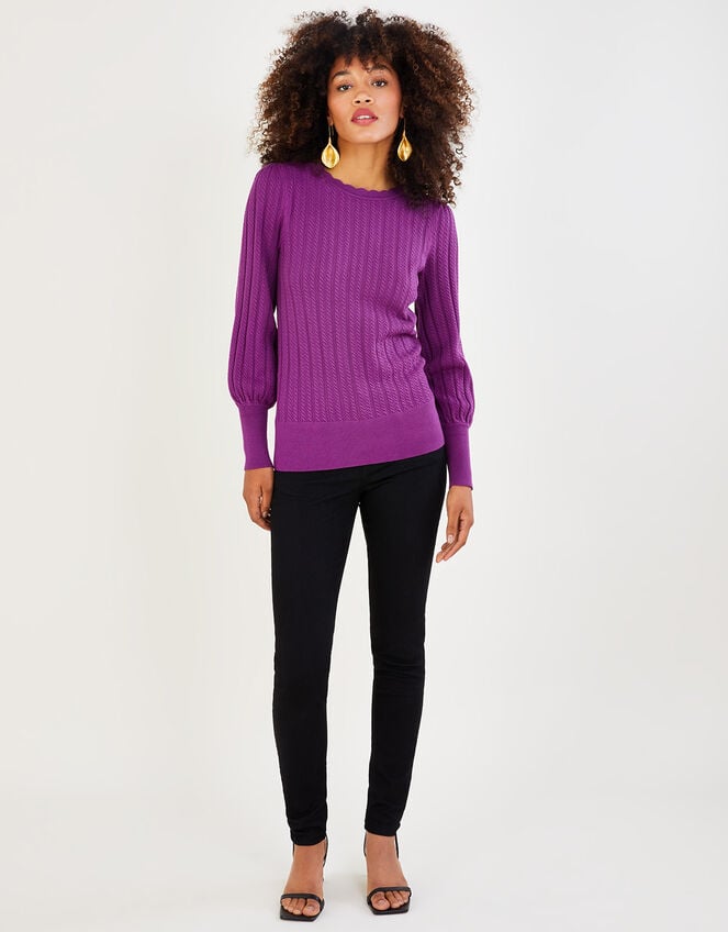 Cable Pointelle Sweater with LENZINGâ„¢ ECOVEROâ„¢ , Purple (PURPLE), large