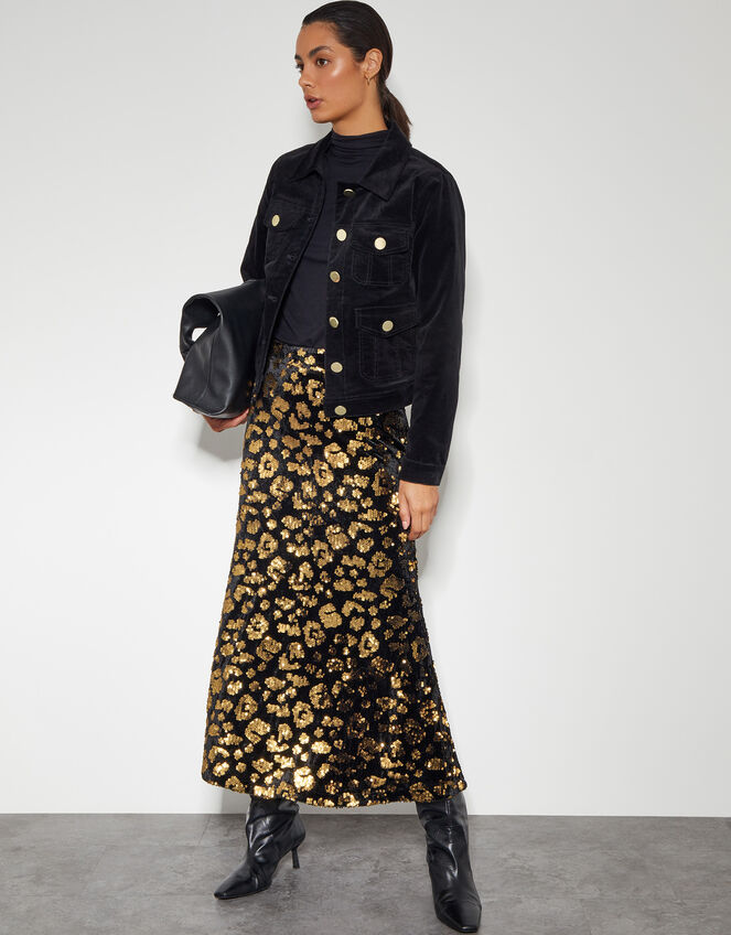 Arwen Sequin Leopard Velvet Midi Skirt, Black (BLACK), large