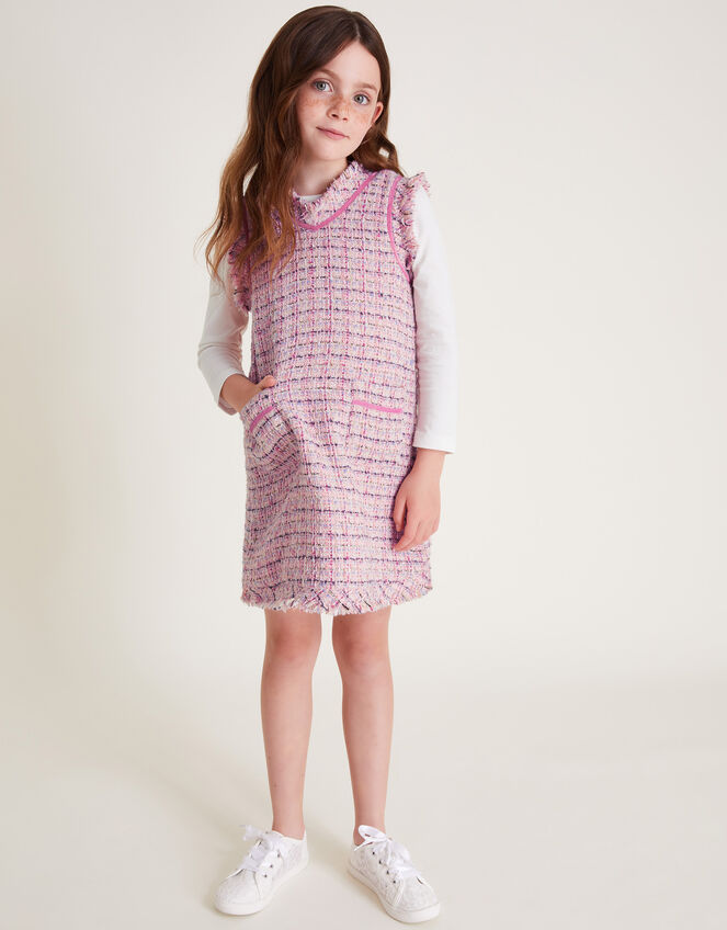 Tweed Pinafore Dress with Long Sleeve T-Shirt, Pink (PINK), large