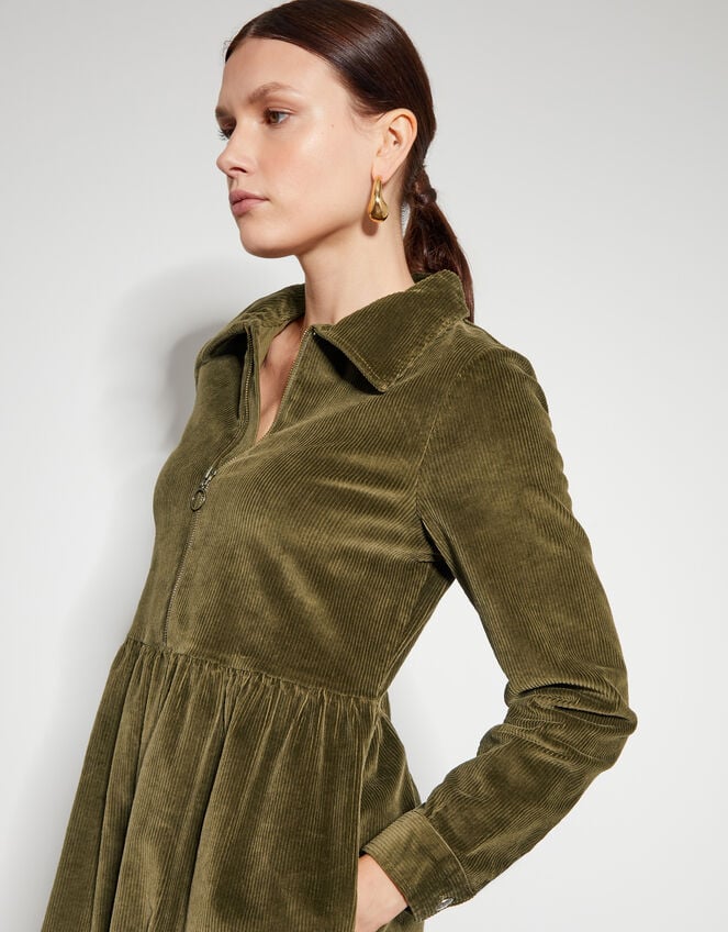 Alana Cord Zipper Midi Dress, Green (OLIVE), large