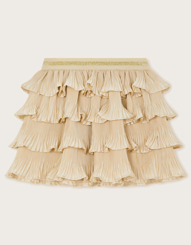 Pleated Ruffle Satin Skirt, Gold (GOLD), large