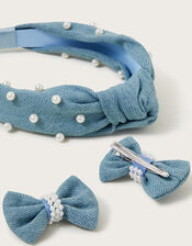 3-Piece Denim and Pearl Hair Set, , large