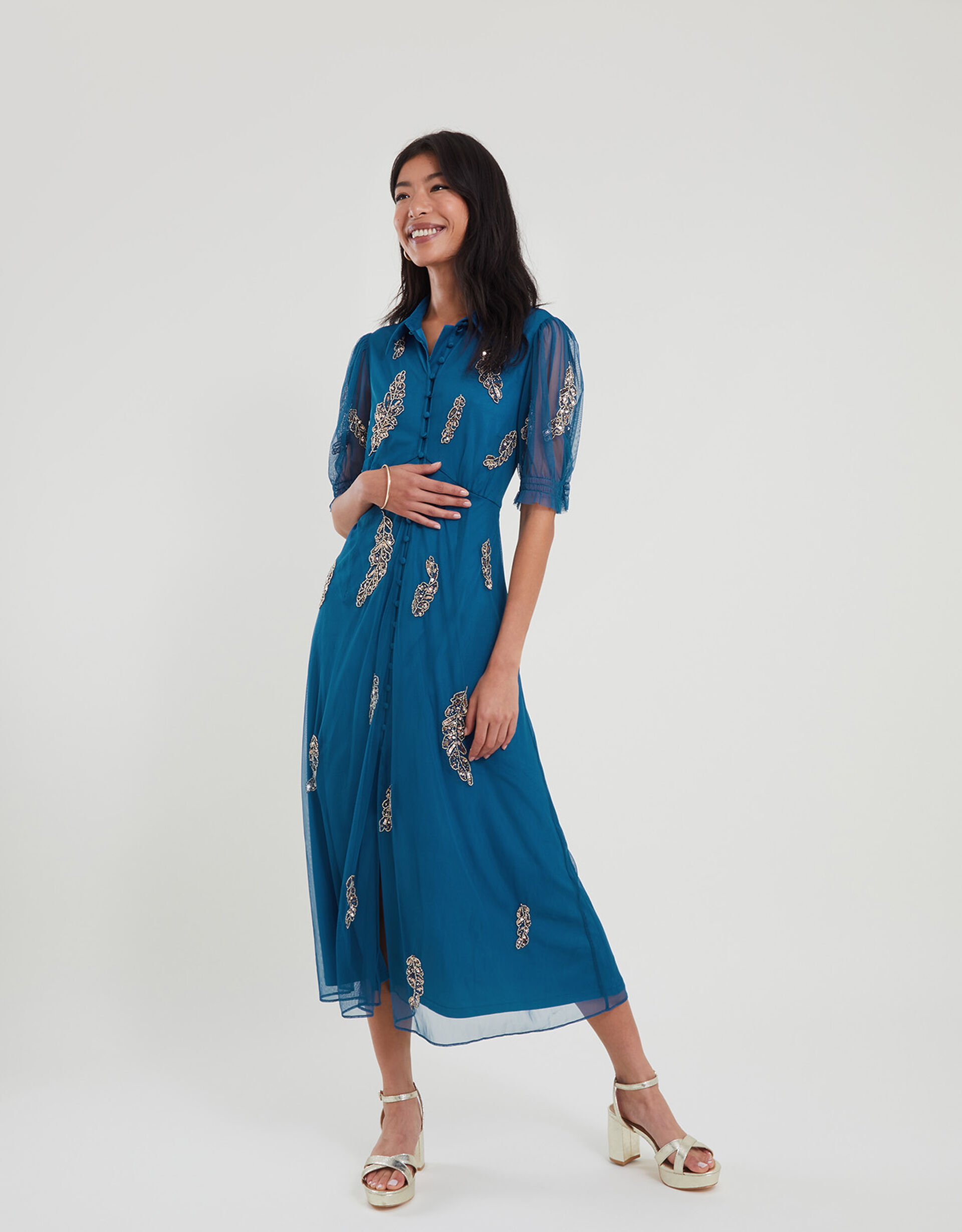 Melissa Feather Embellished Shirt Dress Blue Evening Dresses Monsoon Global 