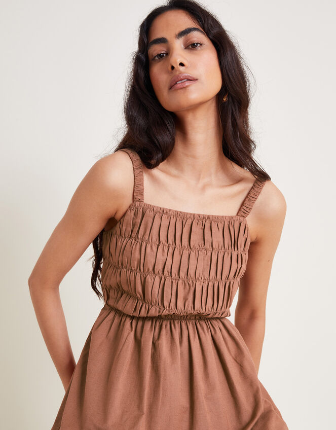 Nisha Smocked Sleeveless Midi Dress, Brown (BROWN), large