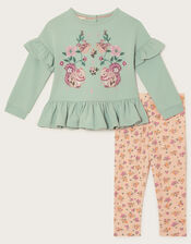 Baby Animal Applique Top and Floral Leggings Set, Green (GREEN), large