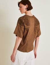 Aerin Embroidered Short Sleeve Blouse, Brown (BROWN), large