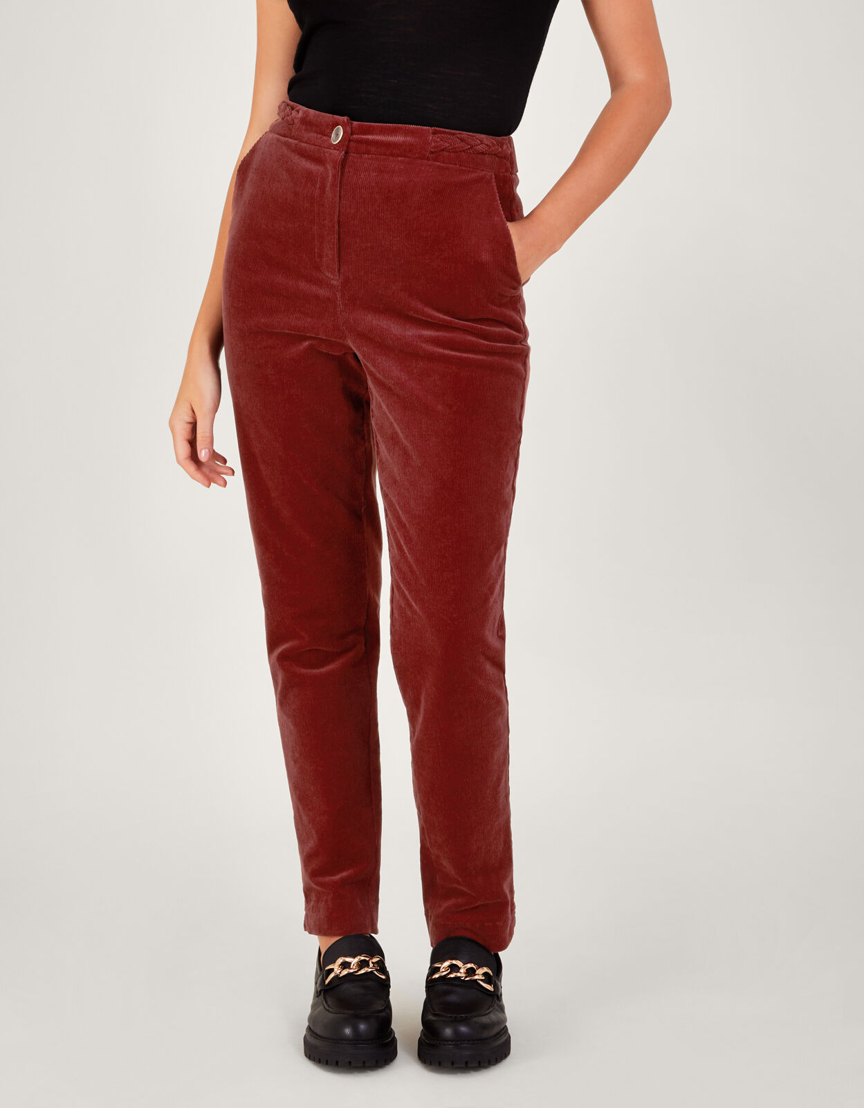 Red Corduroy flat-front Trousers