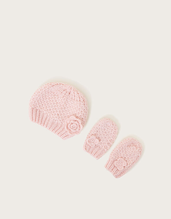 Baby Flower Hat and Mittens Set, Pink (PINK), large