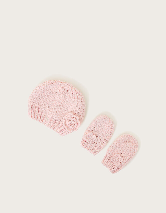 Baby Flower Hat and Mittens Set, Pink (PINK), large