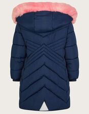 Padded Faux Fur Trim Hood Coat, Blue (NAVY), large