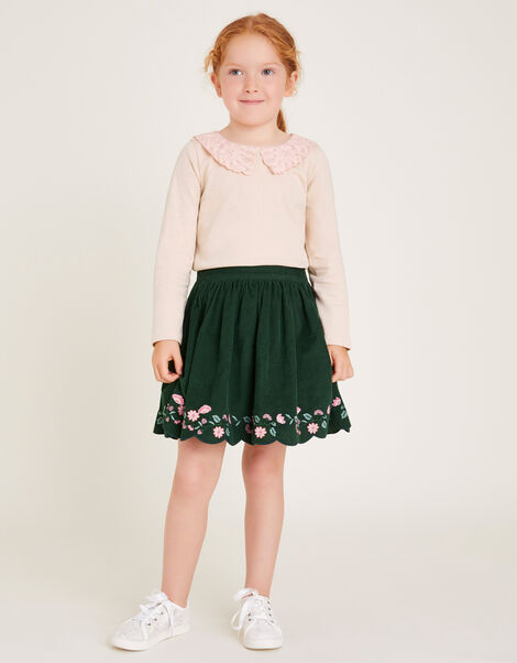 Floral Embroidered Corduroy Skirt, Green (GREEN), large