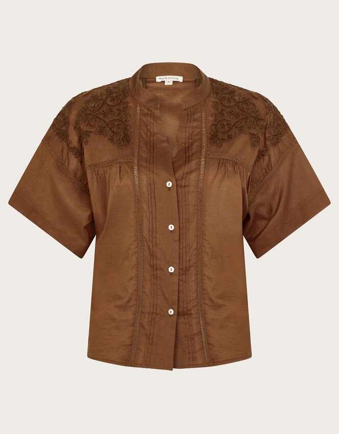 Aerin Embroidered Short Sleeve Blouse, Brown (BROWN), large