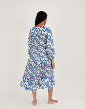 Geometric Print Kaftan Dress in Sustainable Cotton, Blue (COBALT), large