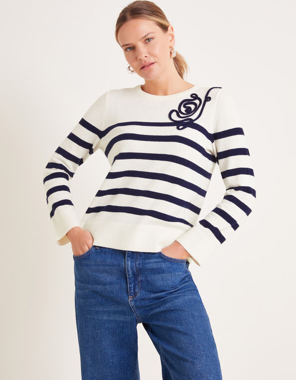 Cate Cornelli Stripe Crew Neck Sweater, Ivory (IVORY), large
