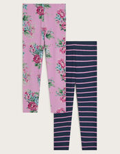 2-Pack Floral and Stripe Leggings, Blue (BLUE), large