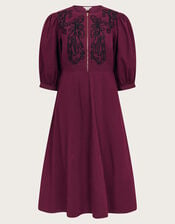 Kaia Embroidered Corduroy Midi Dress, Red (BURGUNDY), large