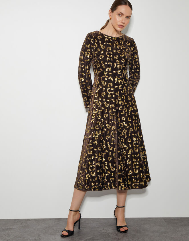 Arwen Sequin Leopard Velvet Midi Dress, Brown (CHOCOLATE), large