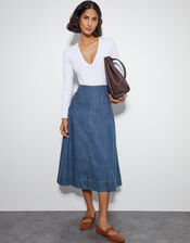 Harper A-Line Denim Midi Skirt, Blue (DENIM BLUE), large