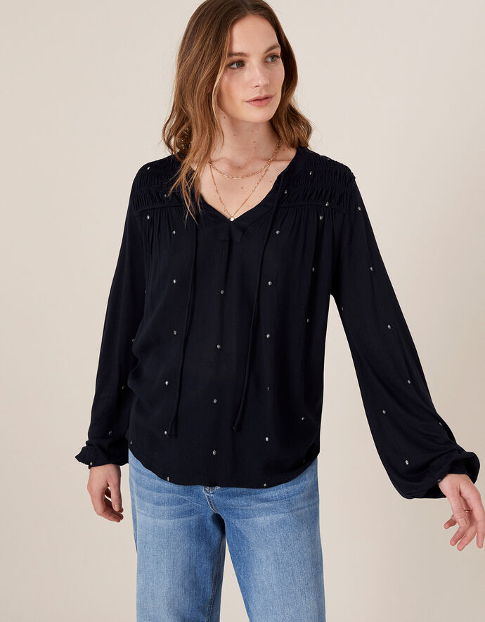 Embroidered Long Sleeve Blouse in LENZING™ ECOVERO™ Blue | Blouses ...