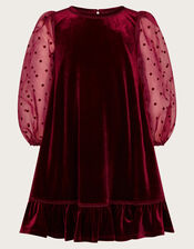 Noa Spotty Organza Sleeve Velvet Dress, Red (BURGUNDY), large