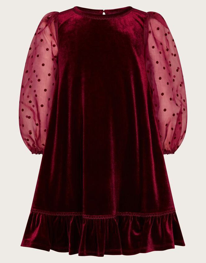 Noa Spotty Organza Sleeve Velvet Dress, Red (BURGUNDY), large