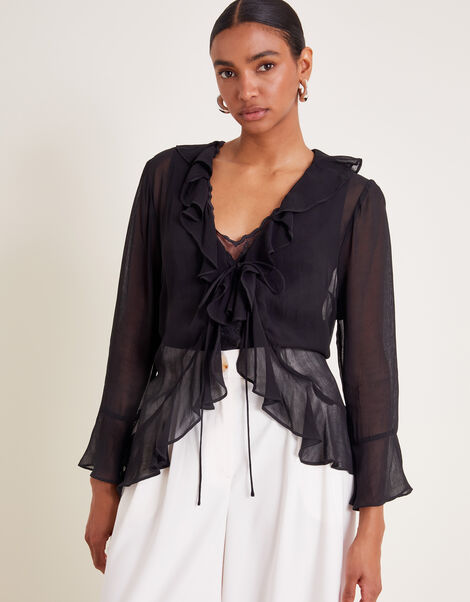 Fiona Sheer Frill Tie-Front Blouse, Black (BLACK), large