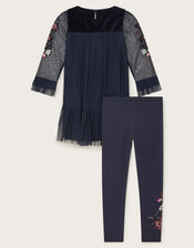 Embroidered Mesh Tunic Top and Leggings Set, Blue (NAVY), large