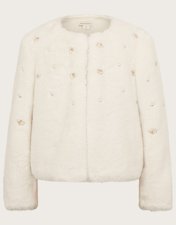 Embellished Faux Fur Coat, Ivory (IVORY), large