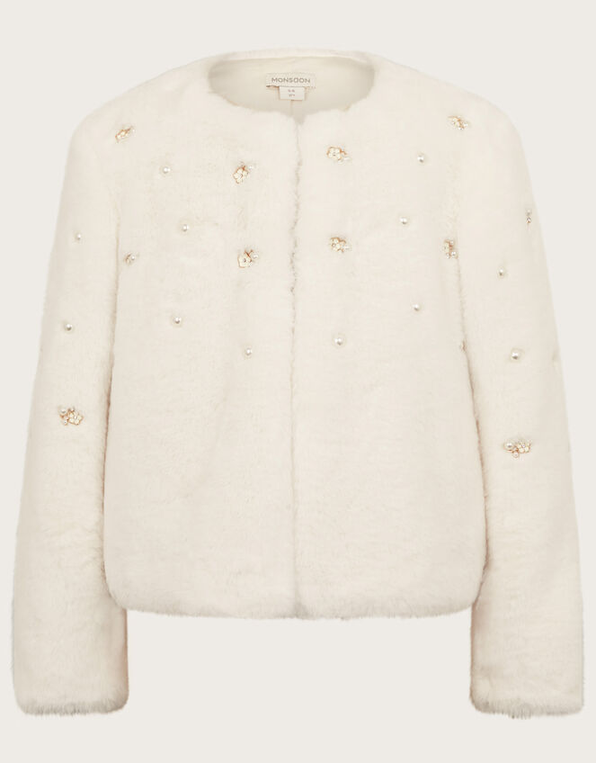 Embellished Faux Fur Coat, Ivory (IVORY), large