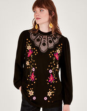 Cutwork Floral Embroidered Top, Black (BLACK), large