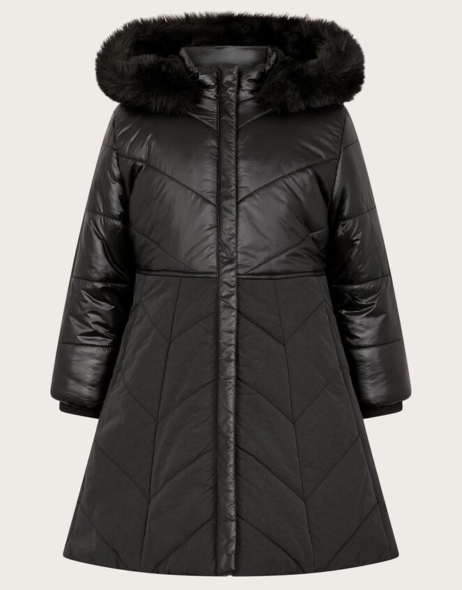 Faux Fur Hooded A-Line Puffer Coat, Black (BLACK), large