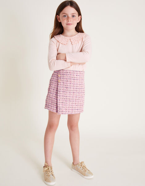 Long Sleeve Collar Top and Tweed Skort Set, Pink (PINK), large