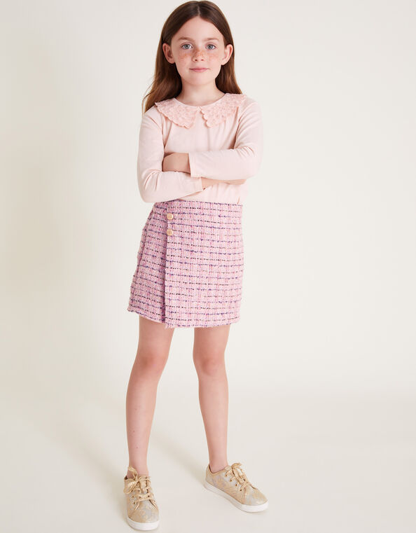 Long Sleeve Collar Top and Tweed Skort Set, Pink (PINK), large