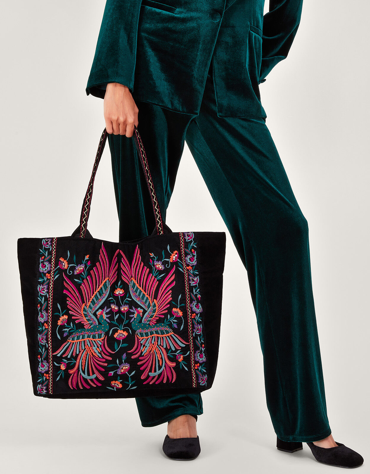 Beatrice Bird Embroidered Velvet Tote Bag