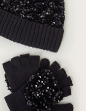 Sequin Pom Beanie and Gloves Set, Black (BLACK), large