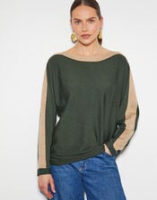 Nellie Two-Tone Knit Jumper, Green (KHAKI), large