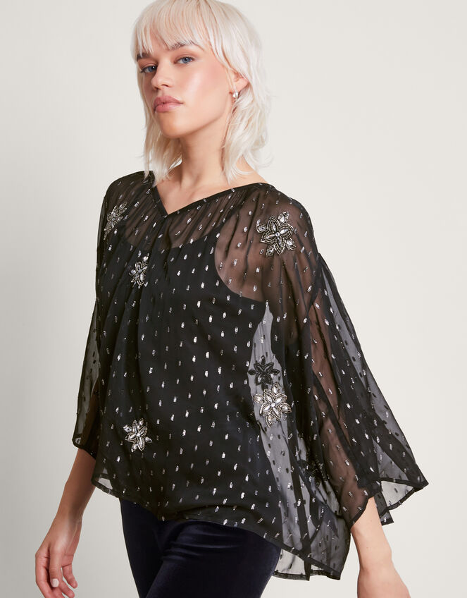 Lydia Embellished Cape Blouse, Black (BLACK), large