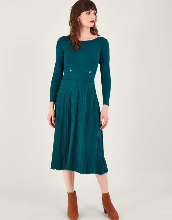 Pleat Trim Slash Neck Midi Dress with Lenzing™ Ecovero™ , PEACOCK, large