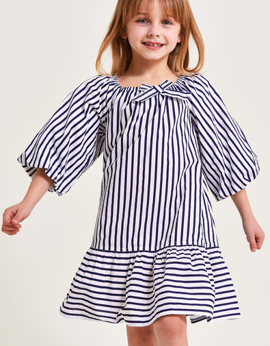 Stripe Puff Sleeve Dress, White (WHITE), large