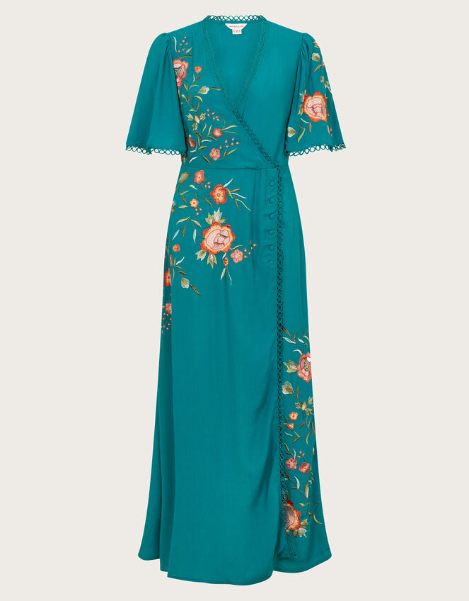 Maya Floral Embroidered Midi Dress, Teal (TEAL), large