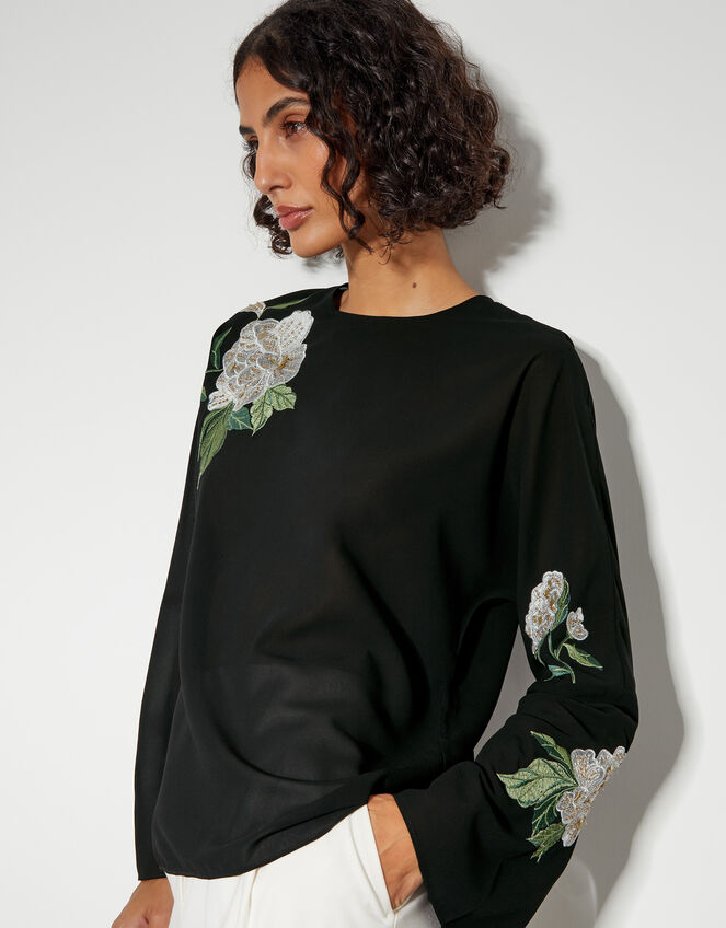 Ariah Floral Satin Blouse, Black (BLACK), large