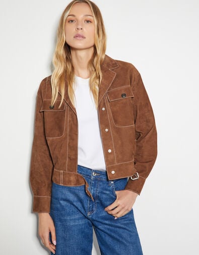 Iris Crop Suede Jacket, Tan (TAN), large