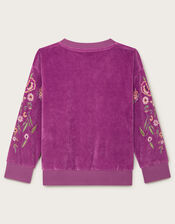 Embroidered Velour Sweatshirt, Purple (PURPLE), large