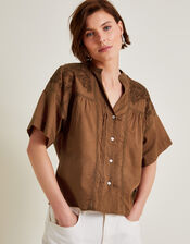 Aerin Embroidered Short Sleeve Blouse, Brown (BROWN), large